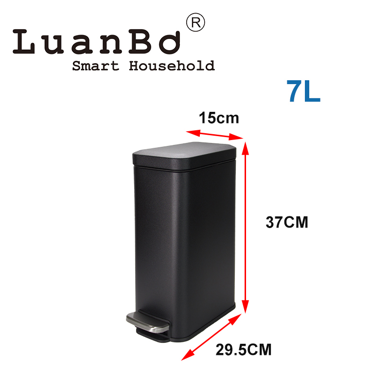 Rechteckiger schwarzer 7-Liter-Mülleimer mit Treteimer im schlanken Design und Soft-Close-Deckel für das Badezimmer