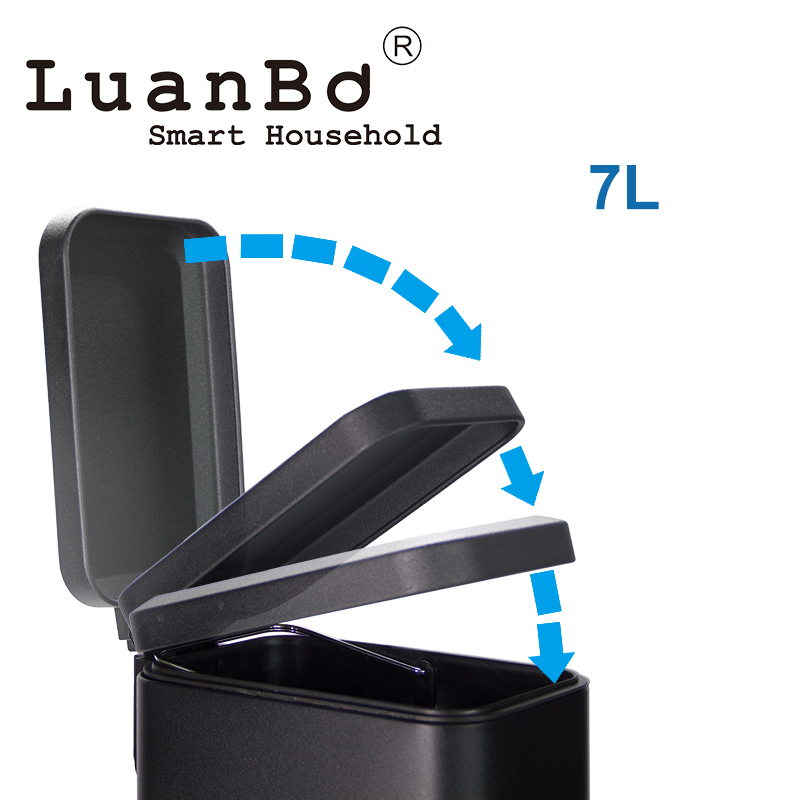 Rechteckiger schwarzer 7-Liter-Mülleimer mit Treteimer im schlanken Design und Soft-Close-Deckel für das Badezimmer