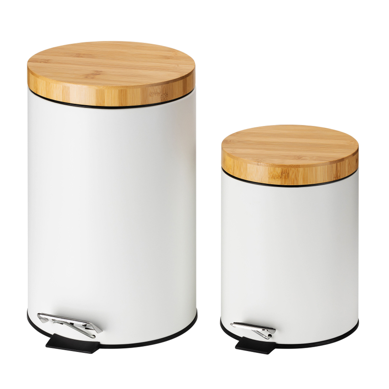 Neues Design kleiner gebürsteter weißer runder Stahl -Badezimmer -Mülleimer mit Pedal Bambusdeckel Weiche Close Recycling entfernbarer Innenbehälter