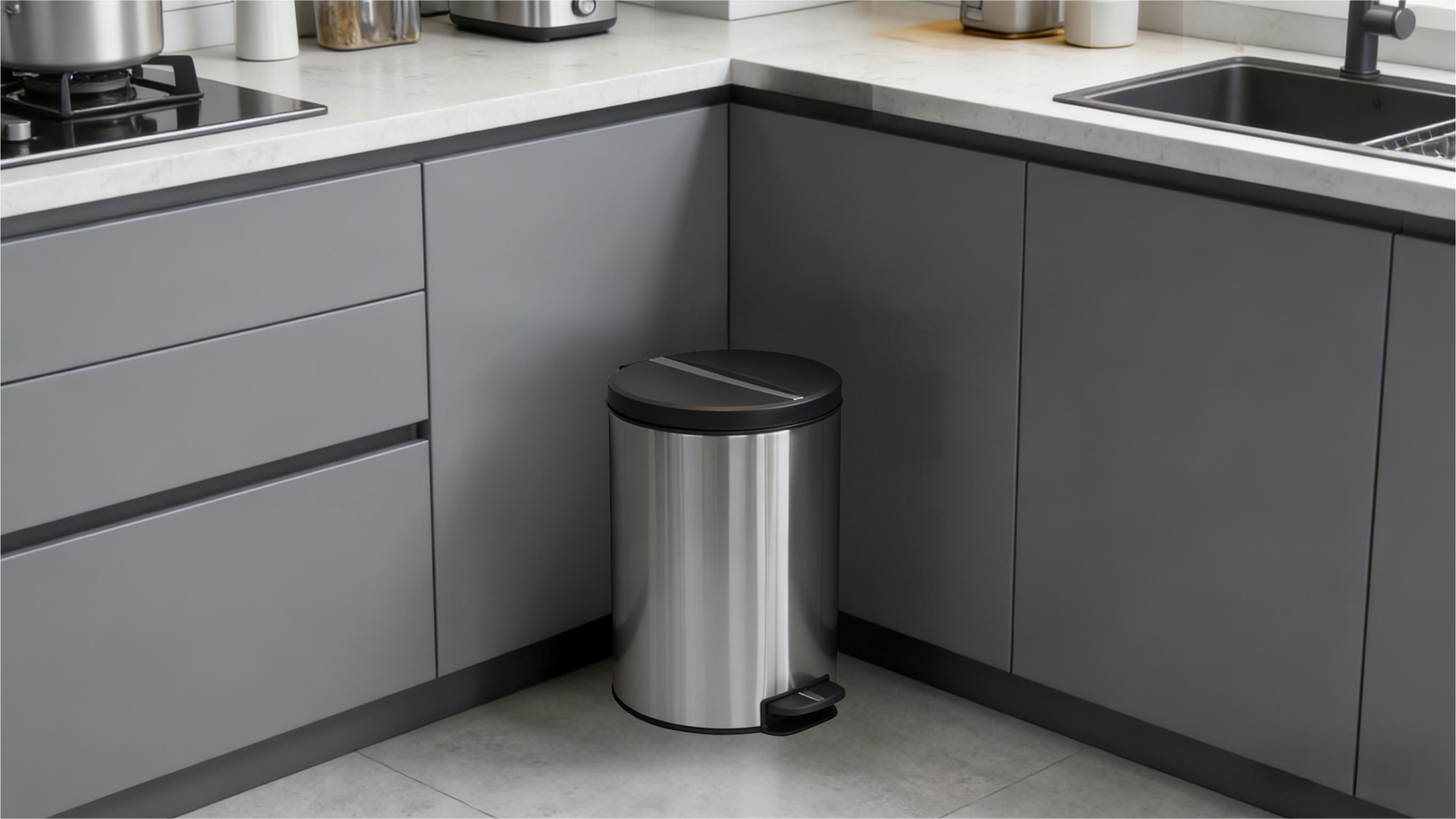 12L runder Abfalleimer aus Edelstahl mit Soft-Close-Pedal und Kunststoffdeckel für Wohnzimmer und Küche