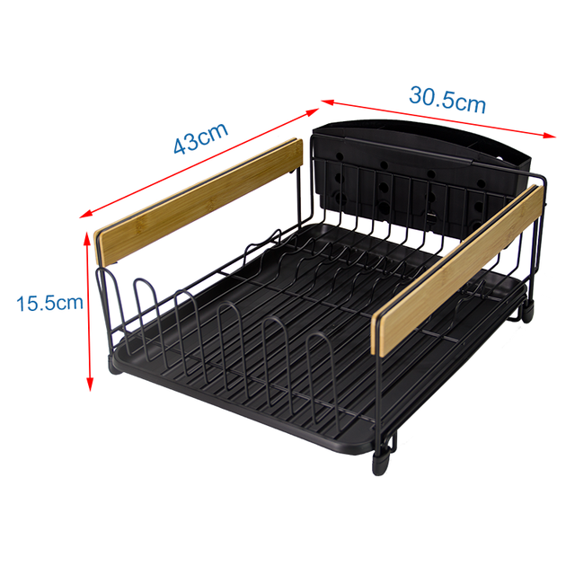 Schwarzer Geschirrständer mit großem Fassungsvermögen für die Küche, rostfrei, mit Bambusgriff
