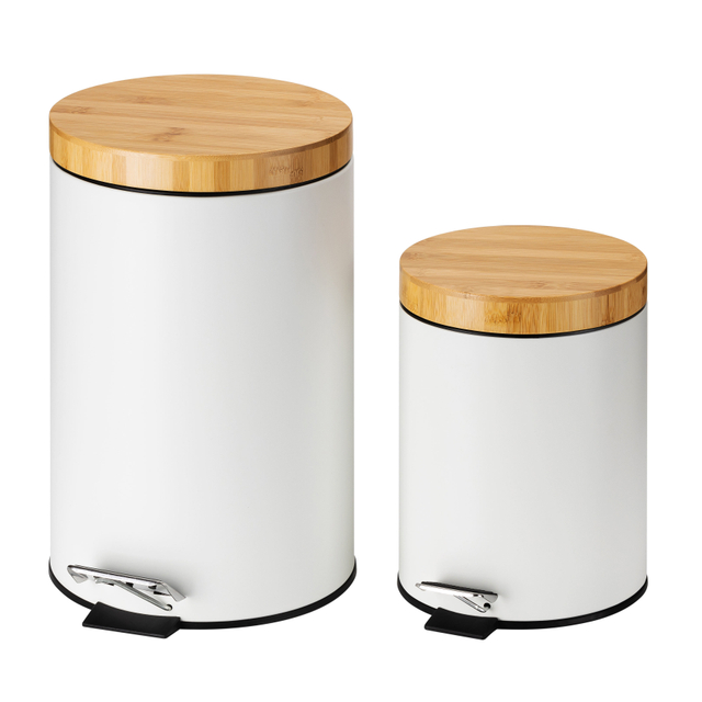 Neues Design kleiner gebürsteter weißer runder Stahl -Badezimmer -Mülleimer mit Pedal Bambusdeckel Weiche Close Recycling entfernbarer Innenbehälter