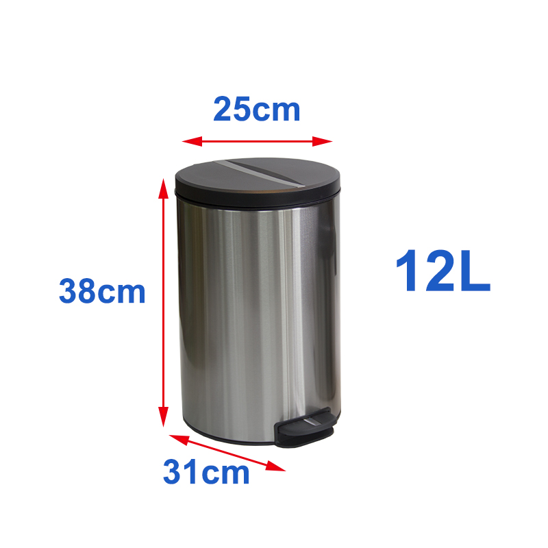 12L runder Abfalleimer aus Edelstahl mit Soft-Close-Pedal und Kunststoffdeckel für Wohnzimmer und Küche