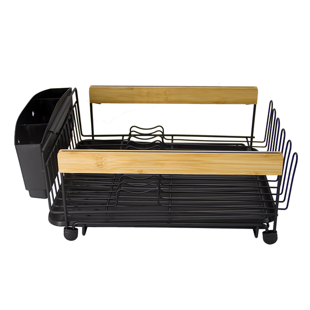 Schwarzer Geschirrständer mit großem Fassungsvermögen für die Küche, rostfrei, mit Bambusgriff