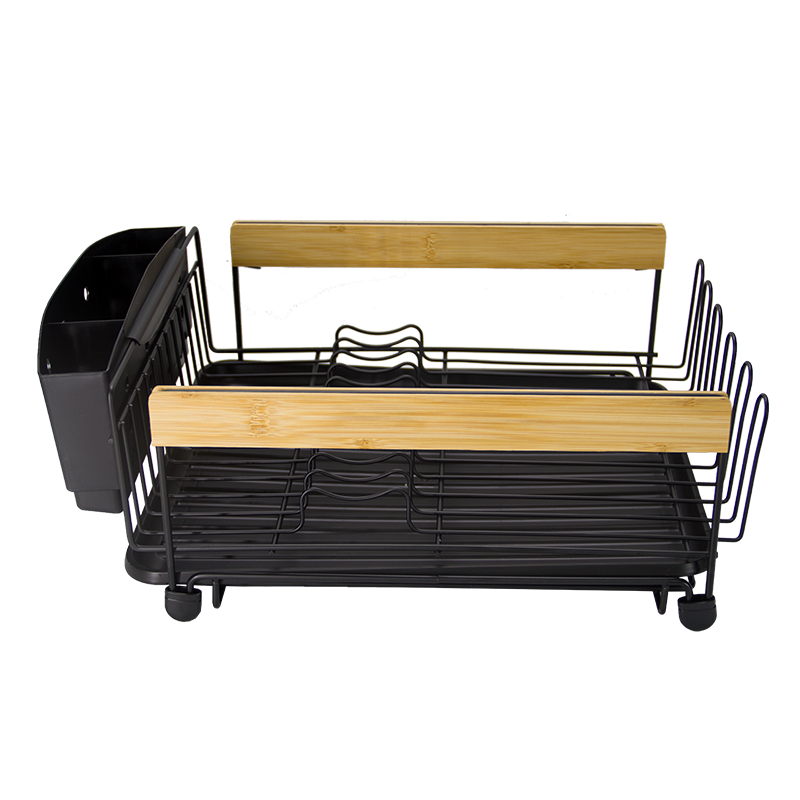 Schwarzer Geschirrständer mit großem Fassungsvermögen für die Küche, rostfrei, mit Bambusgriff