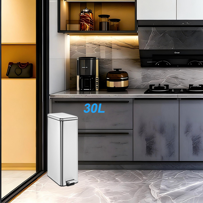 Rechteckiger 30-Liter-Mülleimer mit schlankem Design und Treteimer in Silber mit Soft-Close-Mülleimer und offenem Deckel